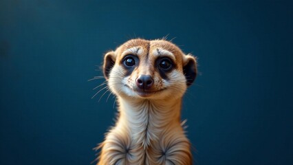 A Close-Up Portrait of a Curious Meerkat with a Gentle Expression, Set Against a Deep Blue Background