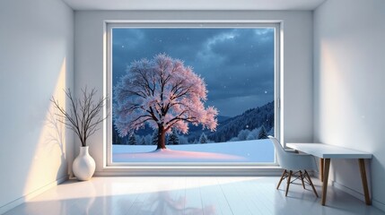 Serene Winter Landscape Viewed Through a Large Window in a Minimalist Room