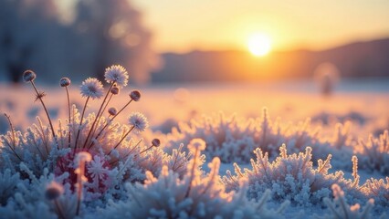 A serene winter sunrise illuminates delicate frost-covered flora, painting a picturesque scene of nature's resilience and beauty in a breathtaking, tranquil landscape.
