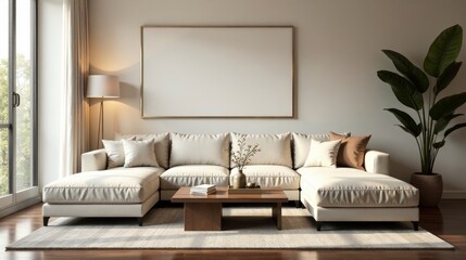 Modern Sectional Sofa in a Calm and Serene Living Room with Large Blank Canvas