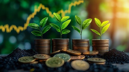 The intersection of nature and finance illustrated through green life atop currency.