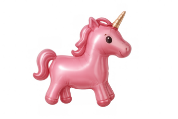 Pink inflatable unicorn with gold horn trotting on transparent background, perfect for children's parties and fantasy themes