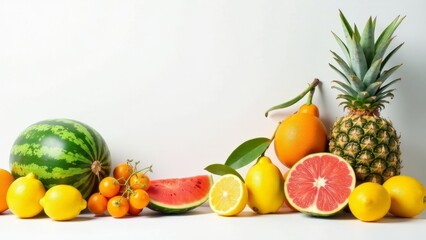 Summer Fruits Display A Vibrant Collection of Watermelon, Pineapple, Citrus Fruits, and Tomatoes on a White Background