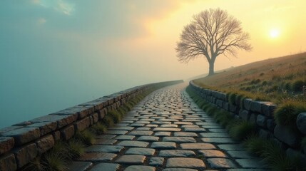 Serene Sunrise Path A Cobblestone Road Winding Through Misty Meadows Towards a Solitary Tree at Dawn