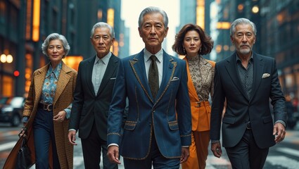 A group of stylishly dressed Asian senior citizens strolls down a city street, exuding confidence and elegance. Their sophisticated attire and composed demeanor create a captivating scene.