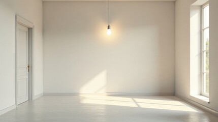 Empty Room with Sunlight Streaming Through Window and Single Hanging Lightbulb