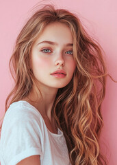 Portrait of a young long-haired girl on a pink background