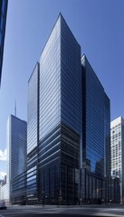 Obraz premium Iconic modern minimalist glass buildings as city landmarks in a symmetrical urban street view