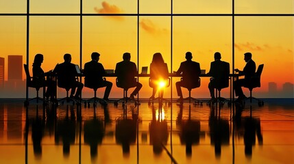 A group of business people sitting at a conference table in a modern office with large windows overlooking a city skyline at sunset.