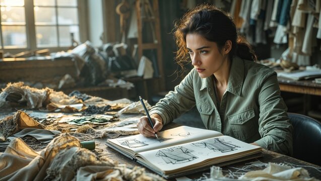 Focused young woman fashion designer sketching in her workshop. She is engrossed in her work, surrounded by fabrics and design elements.