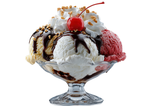 Classic ice cream sundae with whipped cream, chocolate syrup, and cherries PNG with a transparent background

