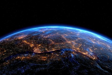 Obraz premium Earth from Space View Showing City Lights at Night with Blue Atmosphere and Stars in the Background