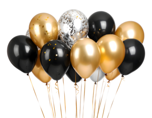 Collection of shiny gold and black balloons, accented with silver confetti, creates a festive and celebratory display.
