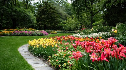 Obraz premium A well-maintained botanical garden filled with roses, lilies, and daffodils