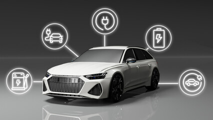 EV electric vehicle car user interface with Ai artificial intelligence HUD GUI with for cyber futuristic transport concept on the dark white background