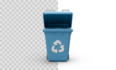 Blue Recycling Bin with Open Lid and White Recycle Symbol. Eco-Friendly Waste Container in 3D Style. Vector Illustration.