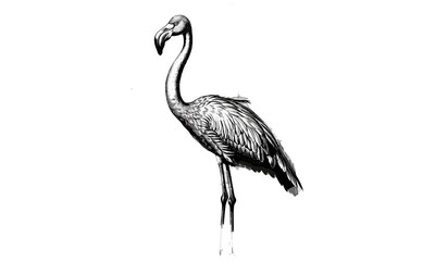 Antique Flamingo Engraving in Lagoon, Monochrome Bird Line Art, Vintage Ornithology Etching, Retro Wildlife Illustration, Rustic Fauna Drawing, Black Sketch Print