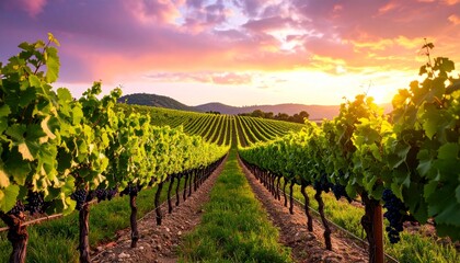 Fototapeta premium this stunning vineyard image captures the magical dusk light with vibrant clouds and lush grapevines evoking feelings of peace beauty and connection to nature