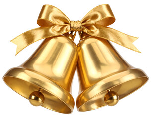 Two gleaming golden bells, tied with a golden ribbon, against a dark background. Festive and celebratory.