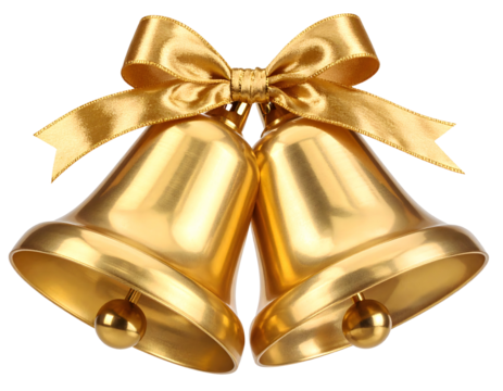 Two gleaming golden bells, tied with a golden ribbon, against a dark background. Festive and celebratory.