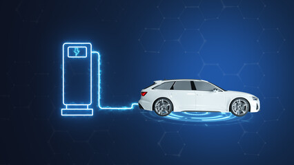 electric car charger station digital technology. vehicle charging low poly wireframe. vector illustration in fantastic technology. ev car concept on blue background.