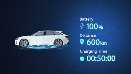 Electric Vehicle battery charging Dashboard Interface with Side view electric car charging battery vector design concept. EV charging design for Electric Car, EV station, ui, clean energy