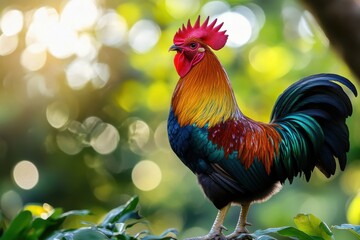 Fototapeta premium Colorful rooster stands majestically in sunlit garden, showcasing vibrant feathers and proud posture, Colorful rooster standing proudly in sunlight with lush green background