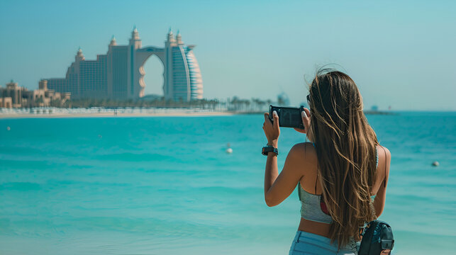 A woman taking a picture of a building by the sea on a sunny day in a tropical location - Powered by Adobe