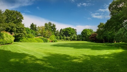 Naklejka premium beautiful wide format image of a manicured country lawn surrounded by trees and shrubs on a bright summer day spring summer nature