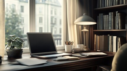 Home office desk with laptop and window view