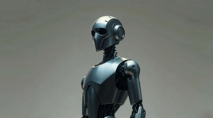 sleek black humanoid robot with mechanical joints on neutral gray background for use in sci fi technology or robotics presentations