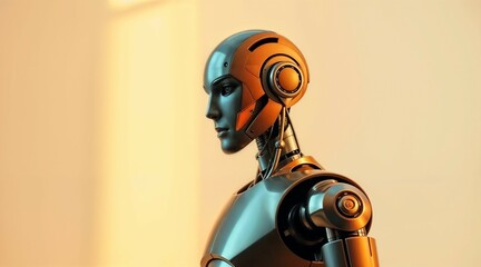 futuristic humanoid robot with intricate joints on warm yellow background for use in technology visuals or sci fi concepts