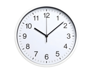 Simple, round white wall clock with black numerals and hands, displaying a specific time.