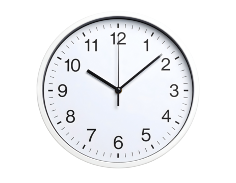 Simple, round white wall clock with black numerals and hands, displaying a specific time.