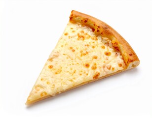 slice of classic cheese pizza with melted mozzarella on a white background