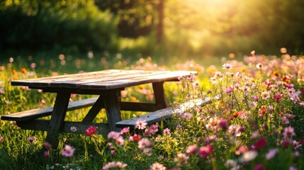 Naklejka premium A wooden picnic table in the middle of a sunlit meadow, surrounded by blooming flowers