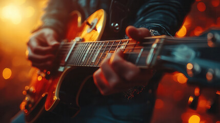 Obraz premium Electric guitar close-up with musician’s hands on the fretboard and space for text