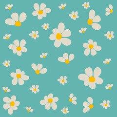 Bright and cheerful daisy floral pattern in seamless style on a soft green background. Perfect for fabric, wallpaper, stationery, spring or summer design. Trendy and minimal flower illustration.
