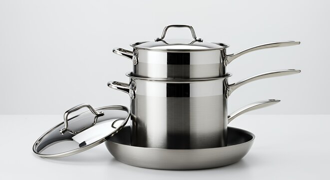 Stainless Steel Cookware Stack Featuring Stockpot Saucepan and Skillet on White Background