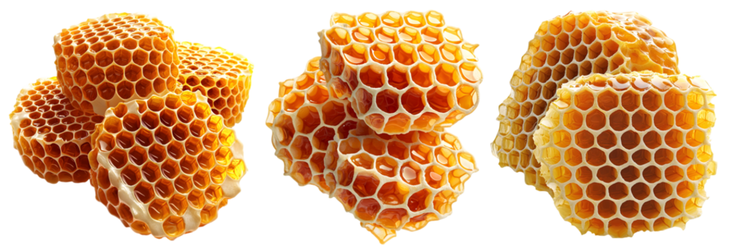Honeycomb clusters with golden hexagonal cells on transparent background - Powered by Adobe