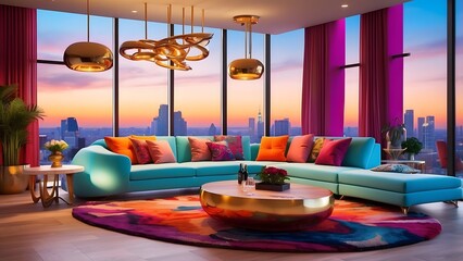 A radiant luxury penthouse glowing with vibrant custom-designed furniture, Cinematic theme, HDR, Vibrant 