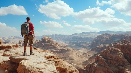 An adventurer standing on a rocky outcrop, looking out at a vast mountain range