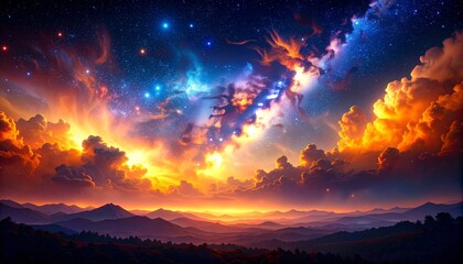 Naklejka premium cosmic dust clouds illuminate the night sky with orange and gold hues in a vibrant galactic display