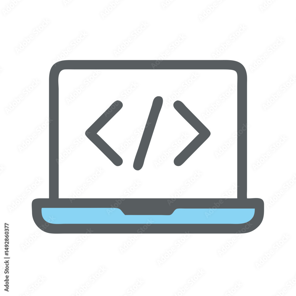 Poster laptop computer displaying code symbols in a flat design