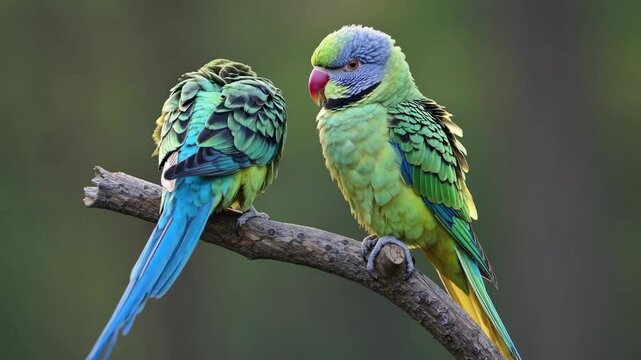 Colorful parrots cuddle on a branch in a serene setting during a sunny day