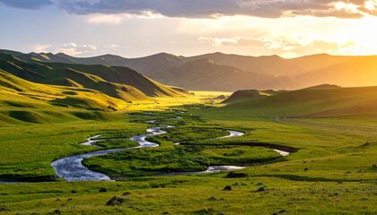 Fototapeta premium scenic view of lush green valleys and winding river under a bright sky during golden hour in the mongolian countryside