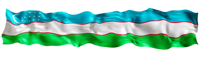 Stylized flag of Uzbekistan waving in the wind on transparent background. Footer, header or divider. Cut out wide, panoramic element. Banner for patriotic themes or national event promotions. 3D.