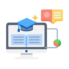 Online education conceptual vector showing graduation, book, and chat