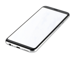 Perspective view of a contemporary smartphone with a blank, white screen, angled slightly to the viewer.  The device is silver in color with black accents.