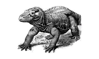 Obraz premium Retro Komodo Dragon Engraving, Vintage Lizard Art, Antique Wildlife Sketch, Monochrome Jungle Print, Rustic Reptile Nature Illustration, Trendy Hand-drawn Sketch, Old Engraving Style